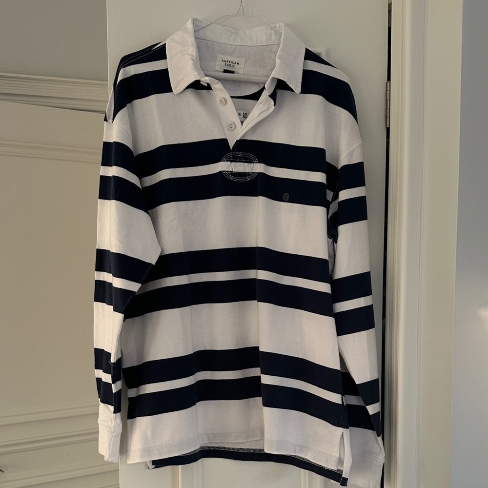 American Eagle Outfitters Navy and White Striped rugby